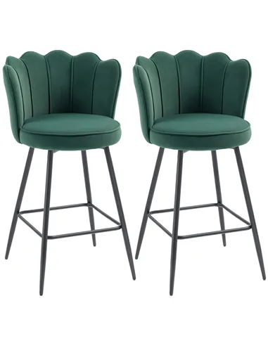 HOMCOM Set of Two Velvet-Feel Lotus Bar Stools - Dark Green