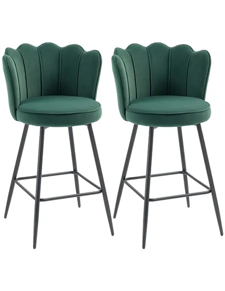 HOMCOM Set of Two Velvet-Feel Lotus Bar Stools - Dark Green