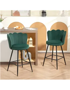 HOMCOM Set of Two Velvet-Feel Lotus Bar Stools - Dark Green 2