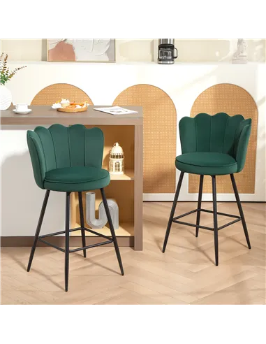 HOMCOM Set of Two Velvet-Feel Lotus Bar Stools - Dark Green