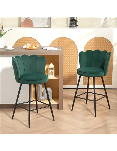 HOMCOM Set of Two Velvet-Feel Lotus Bar Stools - Dark Green
