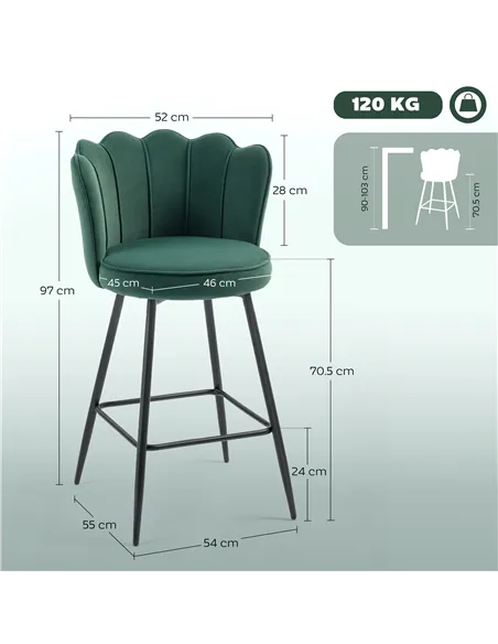 HOMCOM Set of Two Velvet-Feel Lotus Bar Stools - Dark Green