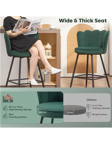 HOMCOM Set of Two Velvet-Feel Lotus Bar Stools - Dark Green