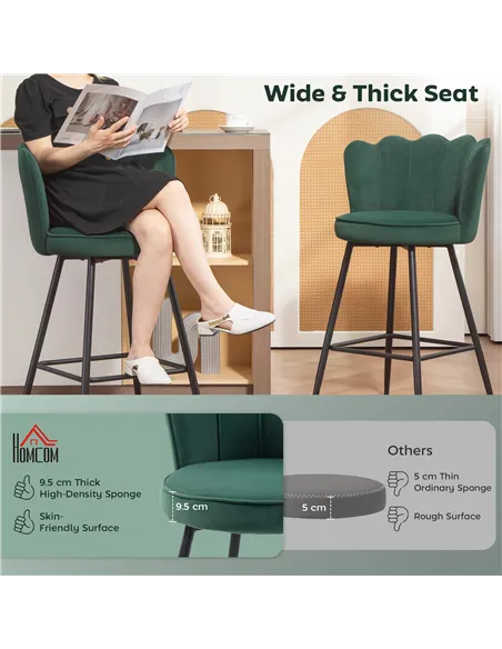 HOMCOM Set of Two Velvet-Feel Lotus Bar Stools - Dark Green