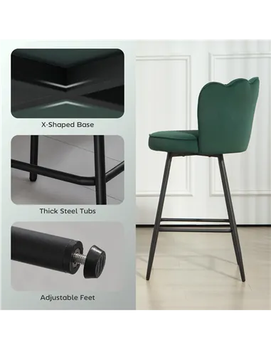 HOMCOM Set of Two Velvet-Feel Lotus Bar Stools - Dark Green