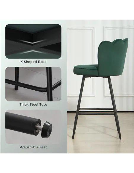 HOMCOM Set of Two Velvet-Feel Lotus Bar Stools - Dark Green