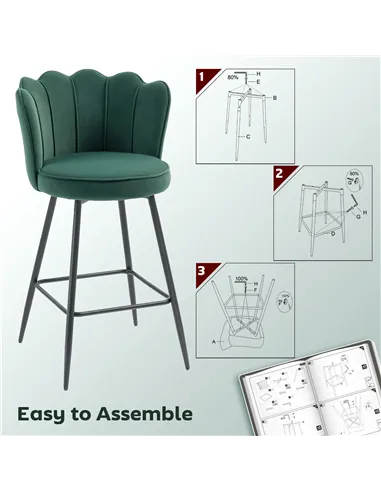 HOMCOM Set of Two Velvet-Feel Lotus Bar Stools - Dark Green