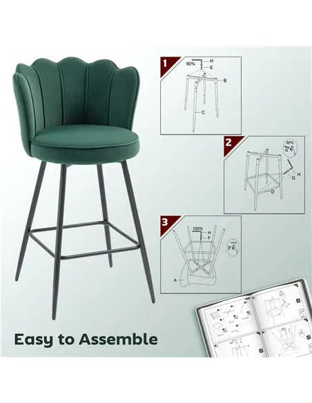 HOMCOM Set of Two Velvet-Feel Lotus Bar Stools - Dark Green