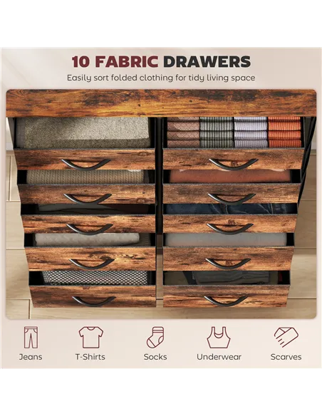 HOMCOM Chest of Ten Fabric Drawers - Rustic Brown