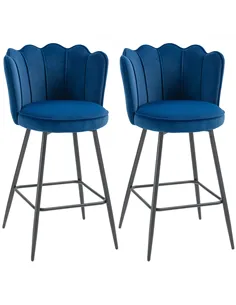 HOMCOM Set of Two Velvet-Feel Lotus Bar Stools - Dark Blue