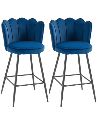 HOMCOM Set of Two Velvet-Feel Lotus Bar Stools - Dark Blue