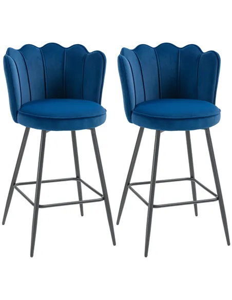 HOMCOM Set of Two Velvet-Feel Lotus Bar Stools - Dark Blue