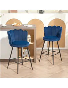 HOMCOM Set of Two Velvet-Feel Lotus Bar Stools - Dark Blue 2