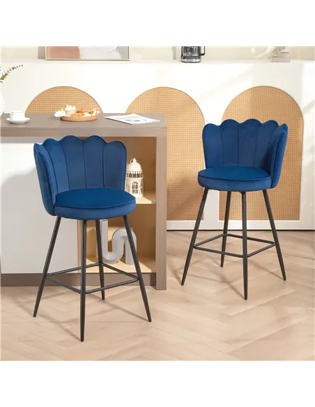 HOMCOM Set of Two Velvet-Feel Lotus Bar Stools - Dark Blue