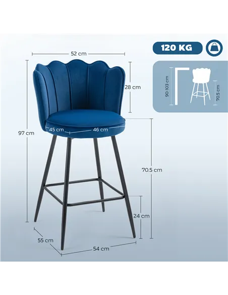 HOMCOM Set of Two Velvet-Feel Lotus Bar Stools - Dark Blue