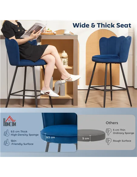 HOMCOM Set of Two Velvet-Feel Lotus Bar Stools - Dark Blue