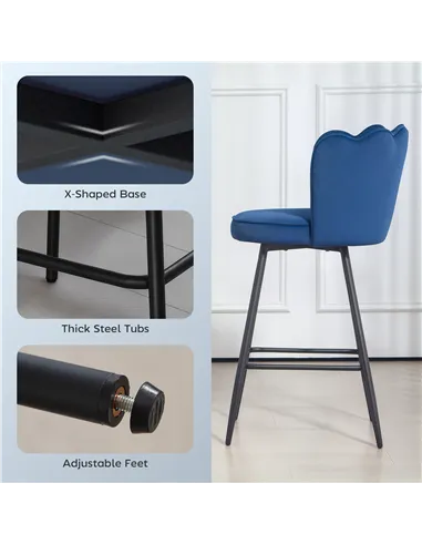 HOMCOM Set of Two Velvet-Feel Lotus Bar Stools - Dark Blue