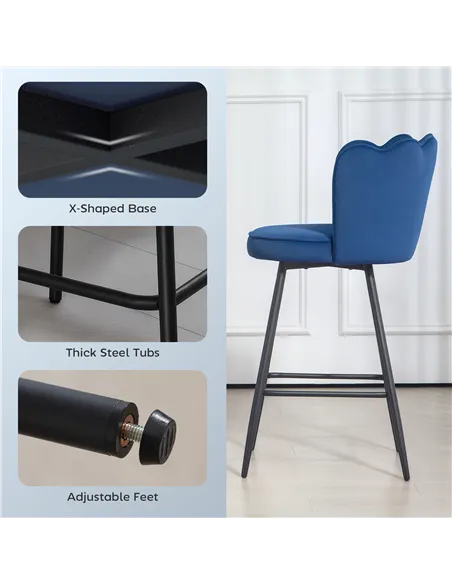 HOMCOM Set of Two Velvet-Feel Lotus Bar Stools - Dark Blue