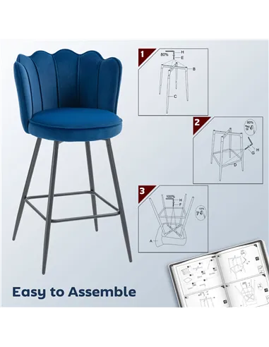 HOMCOM Set of Two Velvet-Feel Lotus Bar Stools - Dark Blue