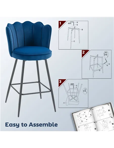 HOMCOM Set of Two Velvet-Feel Lotus Bar Stools - Dark Blue