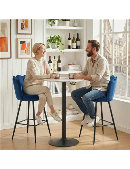 HOMCOM Set of Two Velvet-Feel Lotus Bar Stools - Dark Blue