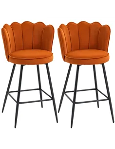 HOMCOM Set of Two Velvet-Feel Lotus Bar Stools - Orange