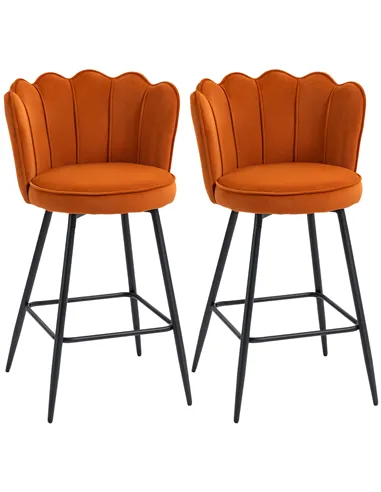 HOMCOM Set of Two Velvet-Feel Lotus Bar Stools - Orange
