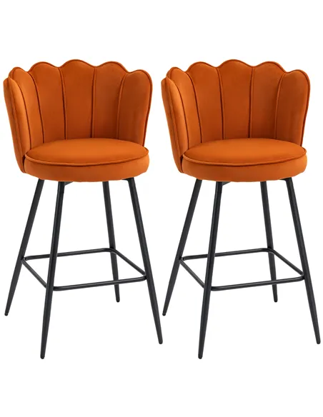 HOMCOM Set of Two Velvet-Feel Lotus Bar Stools - Orange