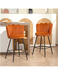 HOMCOM Set of Two Velvet-Feel Lotus Bar Stools - Orange 2
