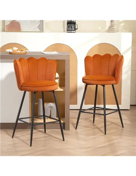 HOMCOM Set of Two Velvet-Feel Lotus Bar Stools - Orange
