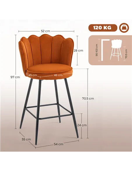 HOMCOM Set of Two Velvet-Feel Lotus Bar Stools - Orange