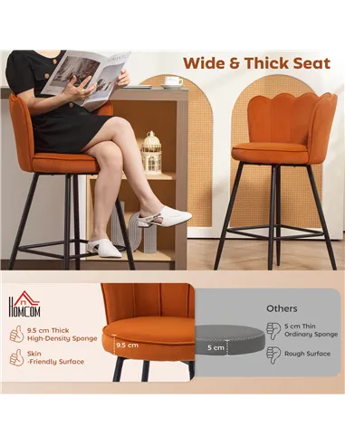 HOMCOM Set of Two Velvet-Feel Lotus Bar Stools - Orange