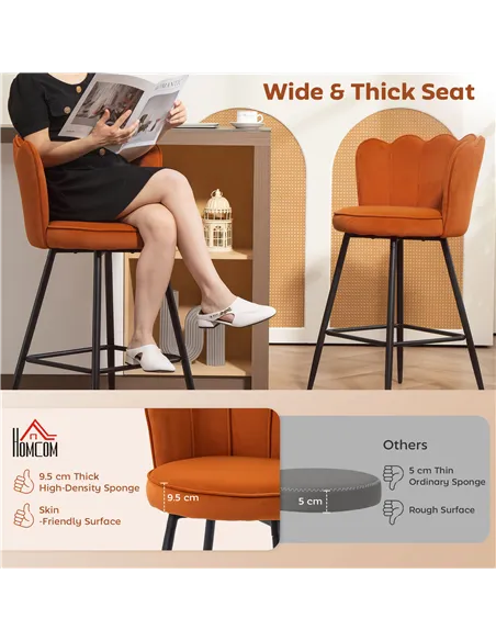 HOMCOM Set of Two Velvet-Feel Lotus Bar Stools - Orange