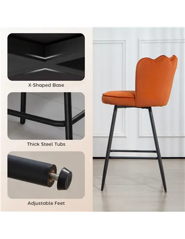 HOMCOM Set of Two Velvet-Feel Lotus Bar Stools - Orange