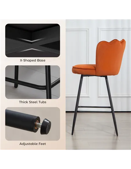 HOMCOM Set of Two Velvet-Feel Lotus Bar Stools - Orange