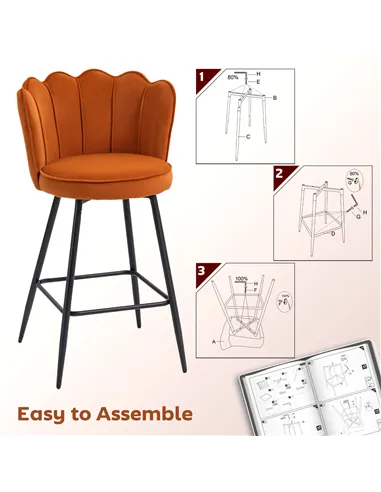 HOMCOM Set of Two Velvet-Feel Lotus Bar Stools - Orange