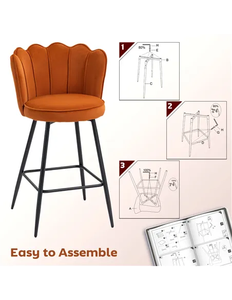 HOMCOM Set of Two Velvet-Feel Lotus Bar Stools - Orange