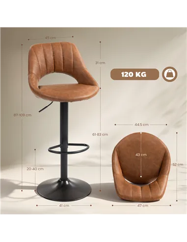 HOMCOM Bar Stools Set of 2, PU Leather Swivel Barstools with Backrest and Footrest for Kitchen, Counter, Breakfast Bar, Brown