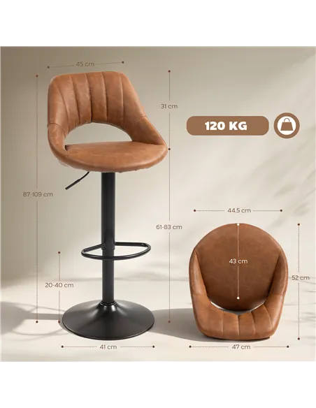 HOMCOM Bar Stools Set of 2, PU Leather Swivel Barstools with Backrest and Footrest for Kitchen, Counter, Breakfast Bar, Brown