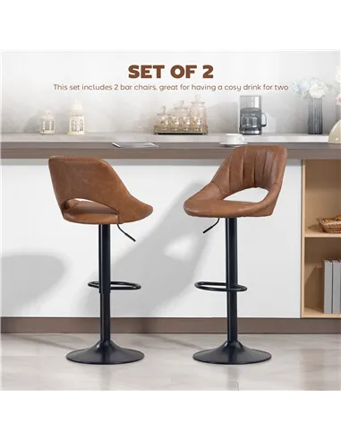 HOMCOM Bar Stools Set of 2, PU Leather Swivel Barstools with Backrest and Footrest for Kitchen, Counter, Breakfast Bar, Brown