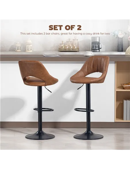 HOMCOM Bar Stools Set of 2, PU Leather Swivel Barstools with Backrest and Footrest for Kitchen, Counter, Breakfast Bar, Brown