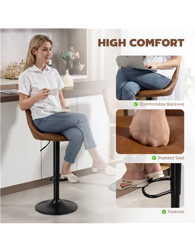 HOMCOM Bar Stools Set of 2, PU Leather Swivel Barstools with Backrest and Footrest for Kitchen, Counter, Breakfast Bar, Brown