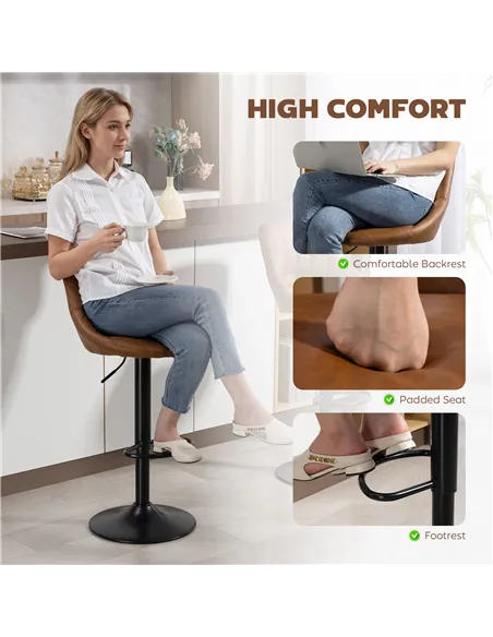 HOMCOM Bar Stools Set of 2, PU Leather Swivel Barstools with Backrest and Footrest for Kitchen, Counter, Breakfast Bar, Brown
