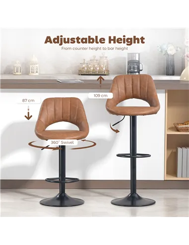 HOMCOM Bar Stools Set of 2, PU Leather Swivel Barstools with Backrest and Footrest for Kitchen, Counter, Breakfast Bar, Brown