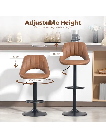 HOMCOM Bar Stools Set of 2, PU Leather Swivel Barstools with Backrest and Footrest for Kitchen, Counter, Breakfast Bar, Brown