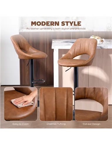 HOMCOM Bar Stools Set of 2, PU Leather Swivel Barstools with Backrest and Footrest for Kitchen, Counter, Breakfast Bar, Brown