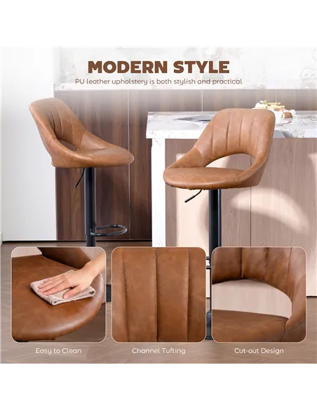 HOMCOM Bar Stools Set of 2, PU Leather Swivel Barstools with Backrest and Footrest for Kitchen, Counter, Breakfast Bar, Brown