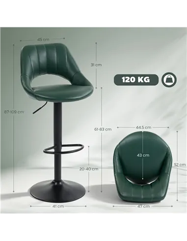 HOMCOM Set of Two Faux Leather Bar Stools - Dark Green