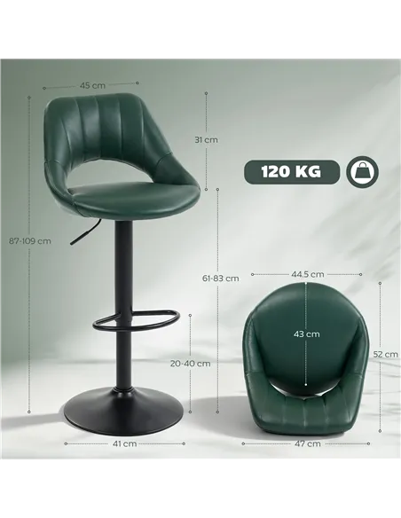 HOMCOM Set of Two Faux Leather Bar Stools - Dark Green