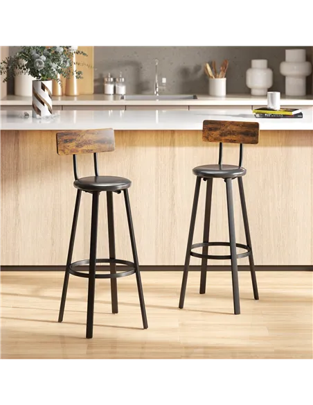 HOMCOM Set of Two Industrial-Style Bar Stools - Brown/Black